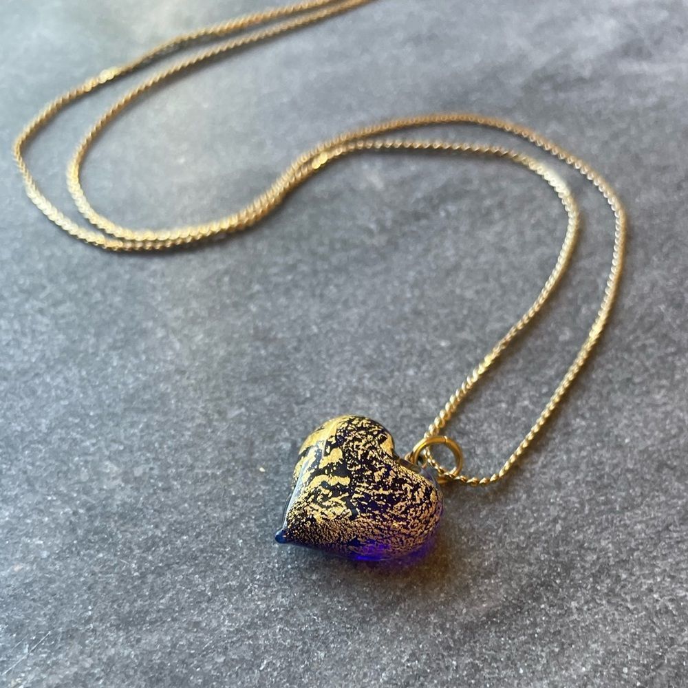 Murano glass Gold and Blue Heart Pendant Necklace